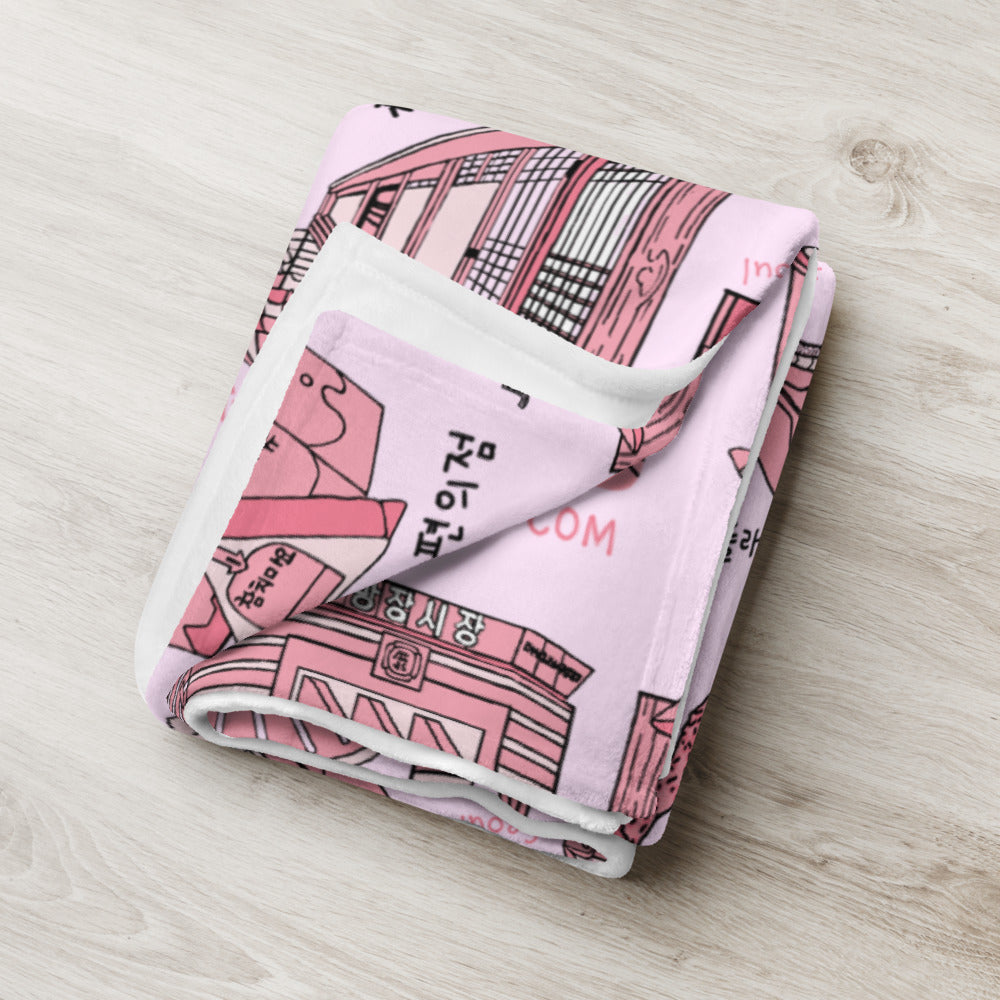 Seoul Korea Throw Blanket (Pink) -  Line Art of Seoul Attractions, K-Culture & K-Pop Fan Gift
