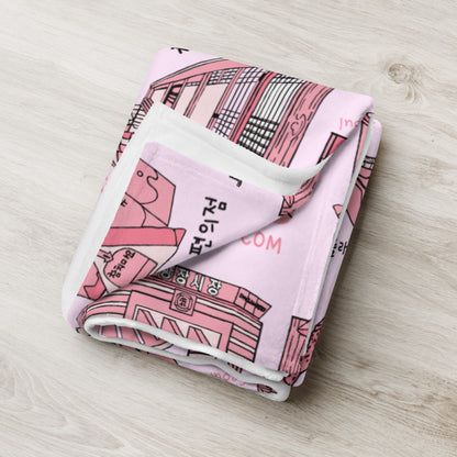 Seoul Korea Throw Blanket (Pink) -  Line Art of Seoul Attractions, K-Culture & K-Pop Fan Gift