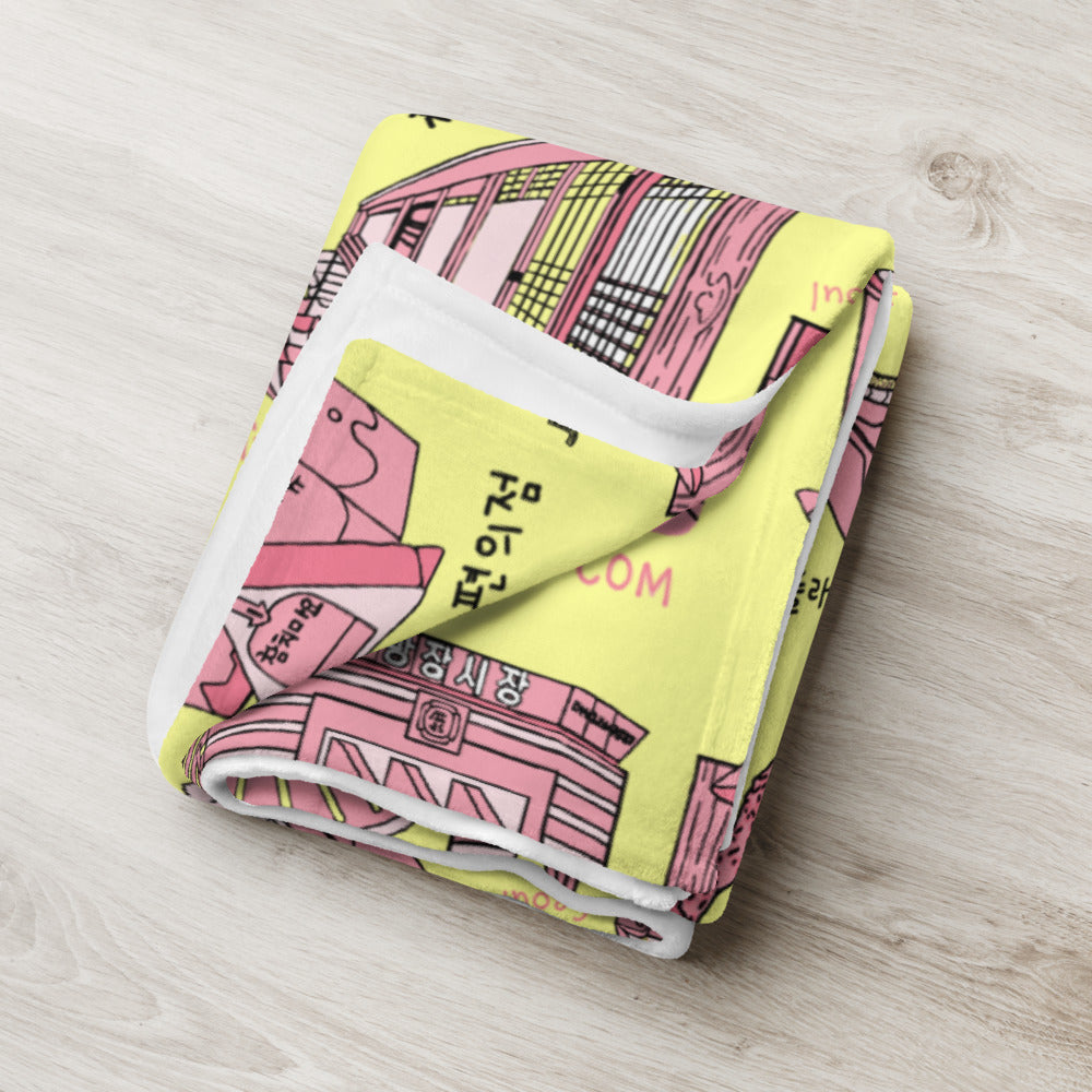 Seoul Korea Throw Blanket (Lemon Cream)  -  Line Art of Seoul Attractions, K-Culture & K-Pop Fan Gift