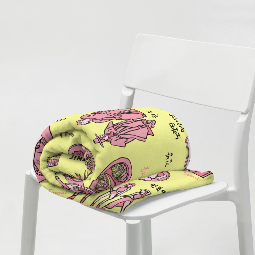 Seoul Korea Throw Blanket (Lemon Cream)  -  Line Art of Seoul Attractions, K-Culture & K-Pop Fan Gift