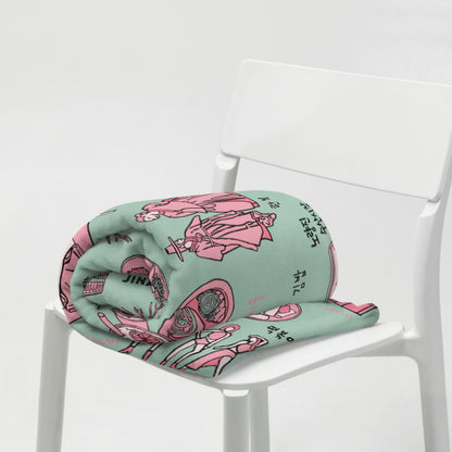 Seoul Korea Throw Blanket (Emerald) -  Line Art of Seoul Attractions, K-Culture & K-Pop Fan Gift
