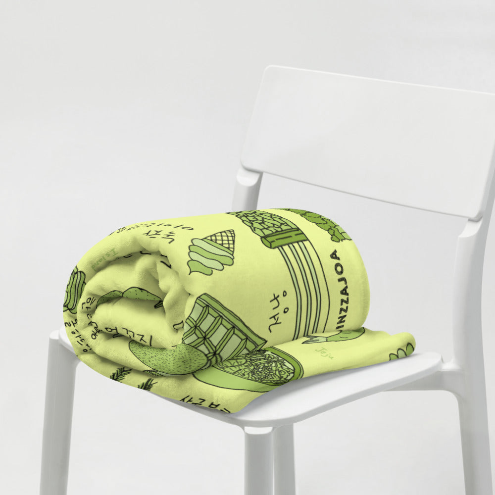 Jeju Island Korea Throw Blanket (Baby Green) - Line Art of Jeju Attractions, K-Drama & K-Pop Fan Gift