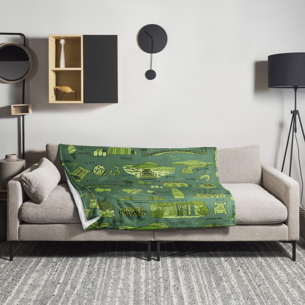 Jeju Island Korea Throw Blanket (Dark Grass) - Line Art of Jeju Attractions, K-Drama & K-Pop Fan Gift
