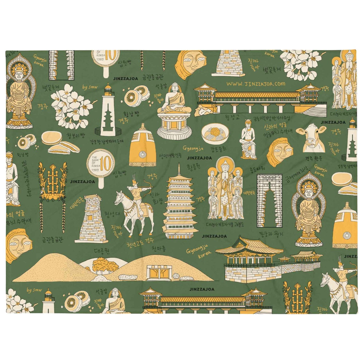 Gyeongju Korea Throw Blanket - Line Art of Gyeongju Attractions, K-Drama & K-Pop Fan Gift