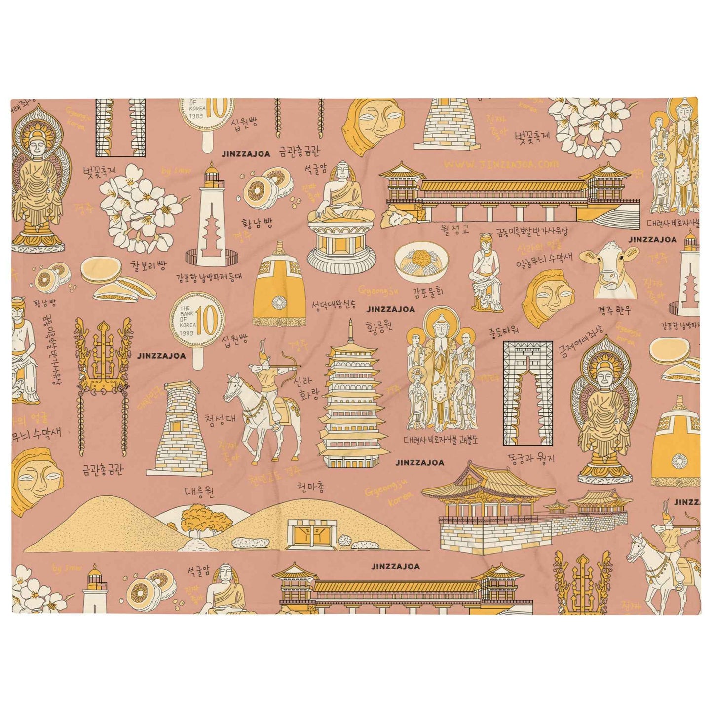 Gyeongju Korea Throw Blanket - Line Art of Gyeongju Attractions, K-Drama & K-Pop Fan Gift