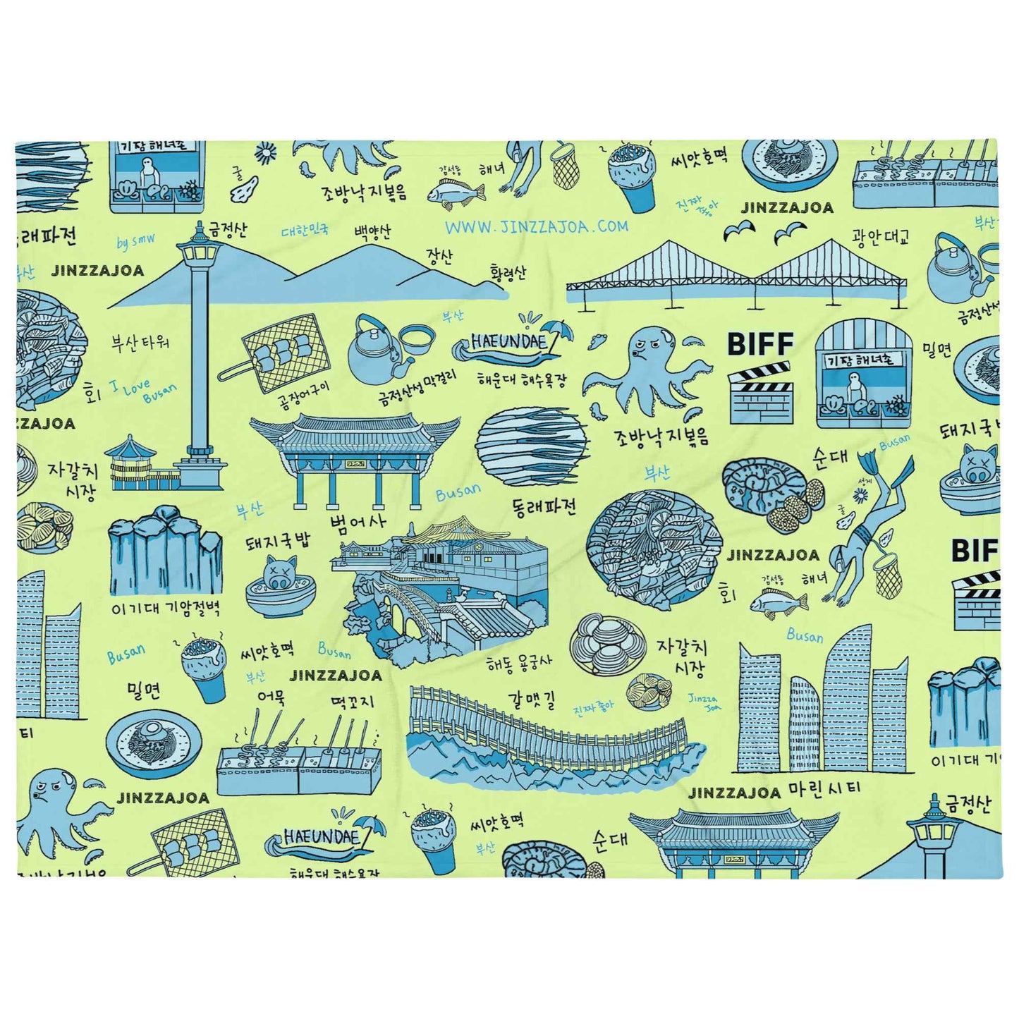 Busan Korea Throw Blanket - Line Art of Busan Attractions, K-Drama & K-Pop Fan Gift
