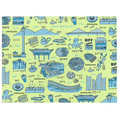Busan Korea Throw Blanket - Line Art of Busan Attractions, K-Drama & K-Pop Fan Gift