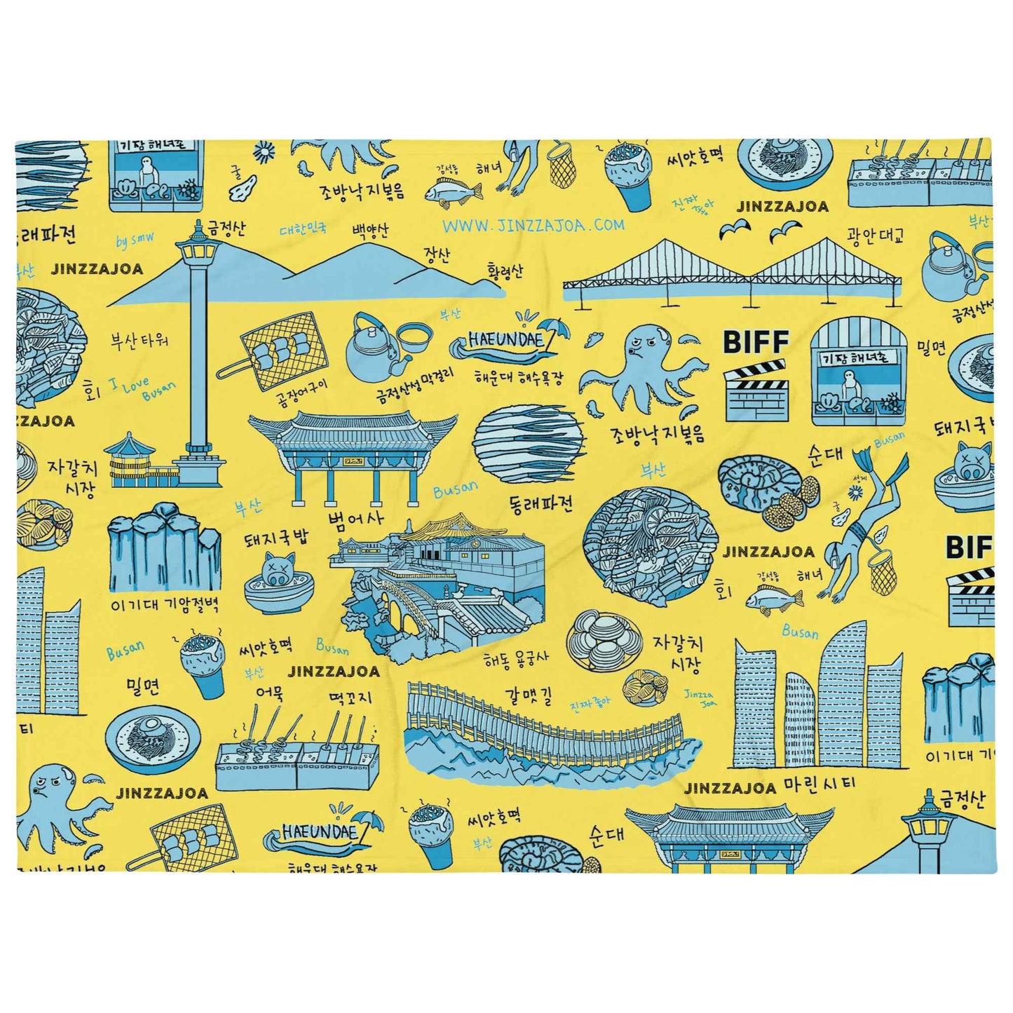 Busan Korea Throw Blanket - Line Art of Busan Attractions, K-Drama & K-Pop Fan Gift