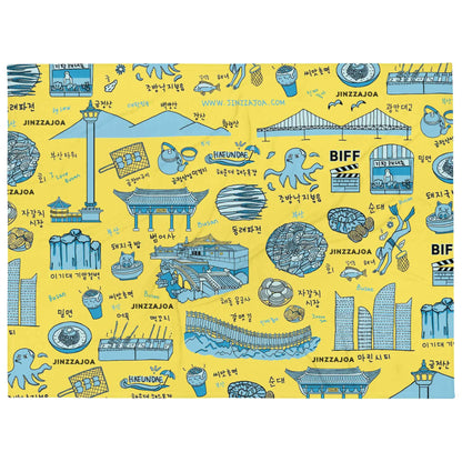 Busan Korea Throw Blanket - Line Art of Busan Attractions, K-Drama & K-Pop Fan Gift