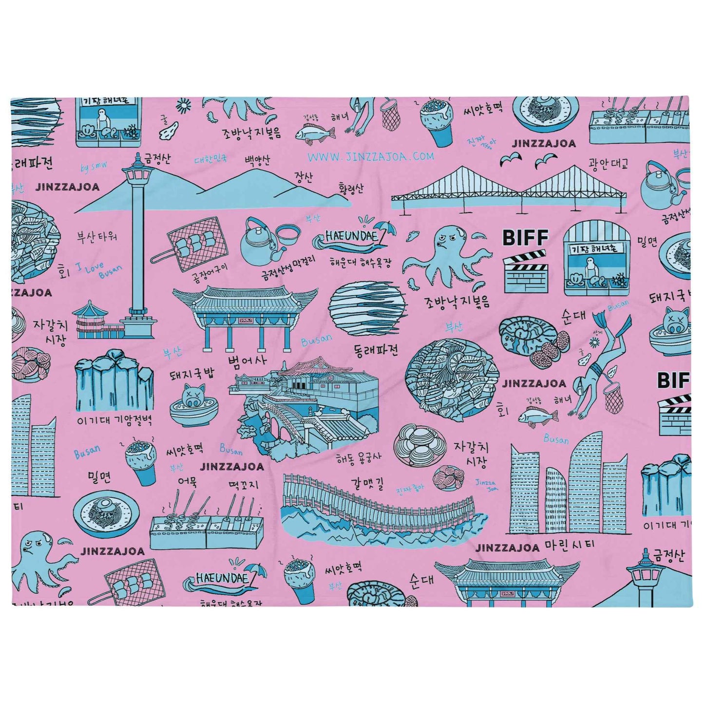 Busan Korea Throw Blanket - Line Art of Busan Attractions, K-Drama & K-Pop Fan Gift