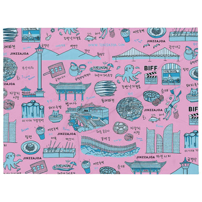 Busan Korea Throw Blanket - Line Art of Busan Attractions, K-Drama & K-Pop Fan Gift
