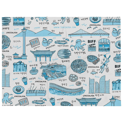 Busan Korea Throw Blanket - Line Art of Busan Attractions, K-Drama & K-Pop Fan Gift