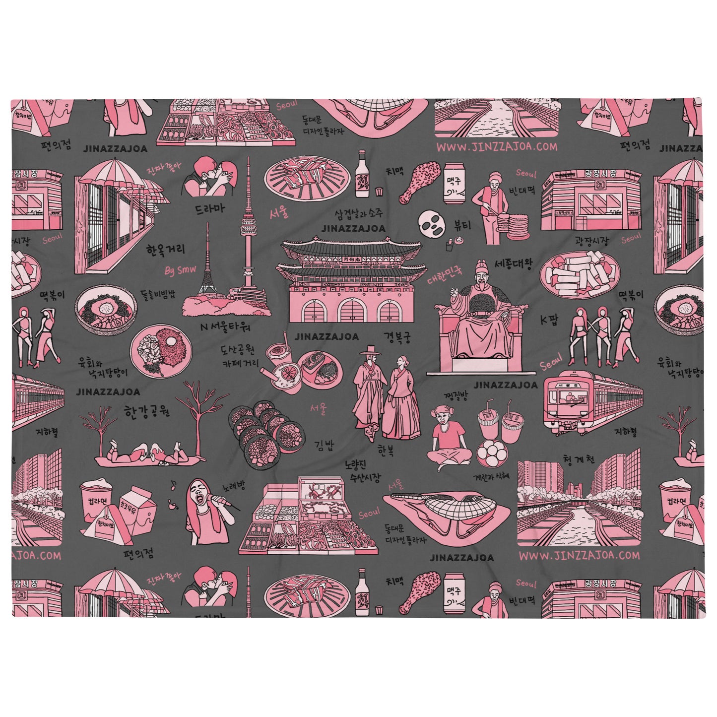Seoul Korea Throw Blanket (Dark Gray)  -  Line Art of Seoul Attractions, K-Culture & K-Pop Fan Gift