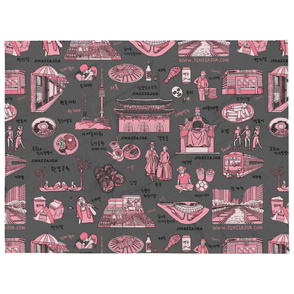 Seoul Korea Throw Blanket (Dark Gray)  -  Line Art of Seoul Attractions, K-Culture & K-Pop Fan Gift