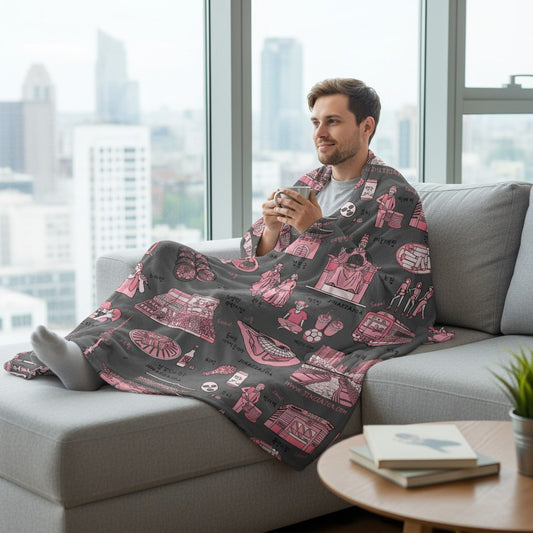Seoul Korea Throw Blanket (Dark Gray)  -  Line Art of Seoul Attractions, K-Culture & K-Pop Fan Gift
