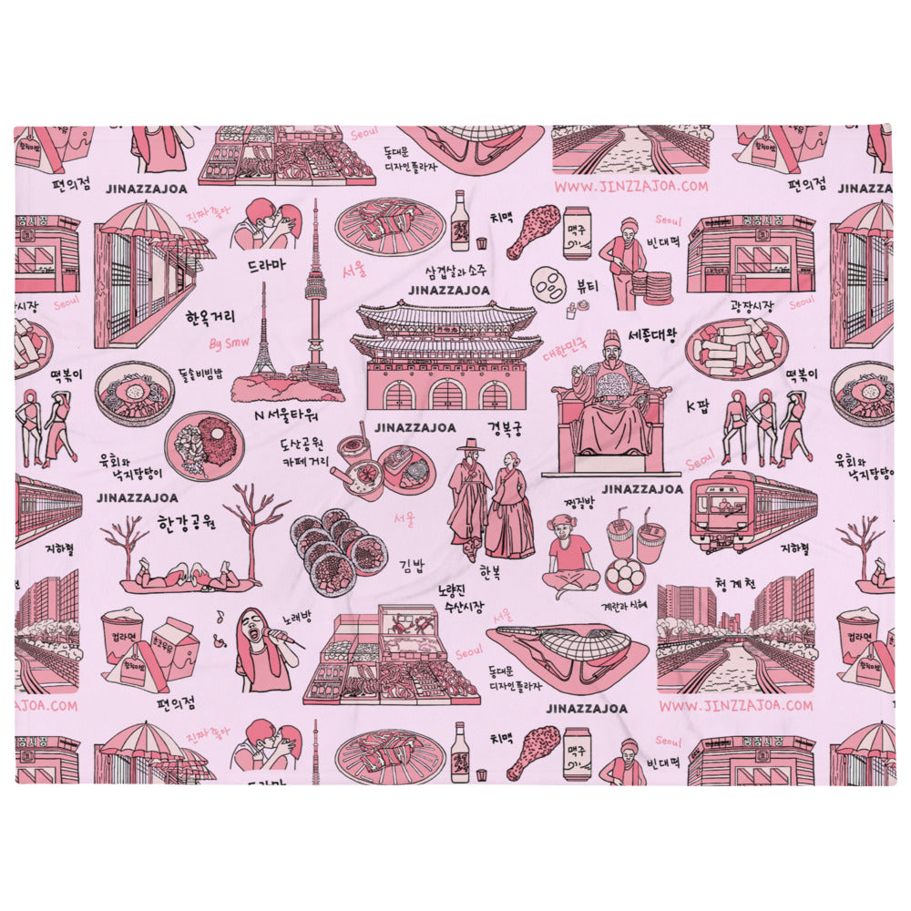 Seoul Korea Throw Blanket (Pink) -  Line Art of Seoul Attractions, K-Culture & K-Pop Fan Gift