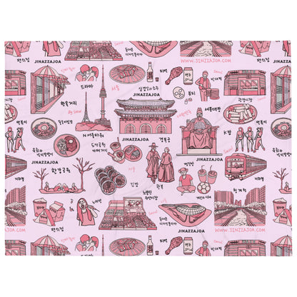 Seoul Korea Throw Blanket (Pink) -  Line Art of Seoul Attractions, K-Culture & K-Pop Fan Gift