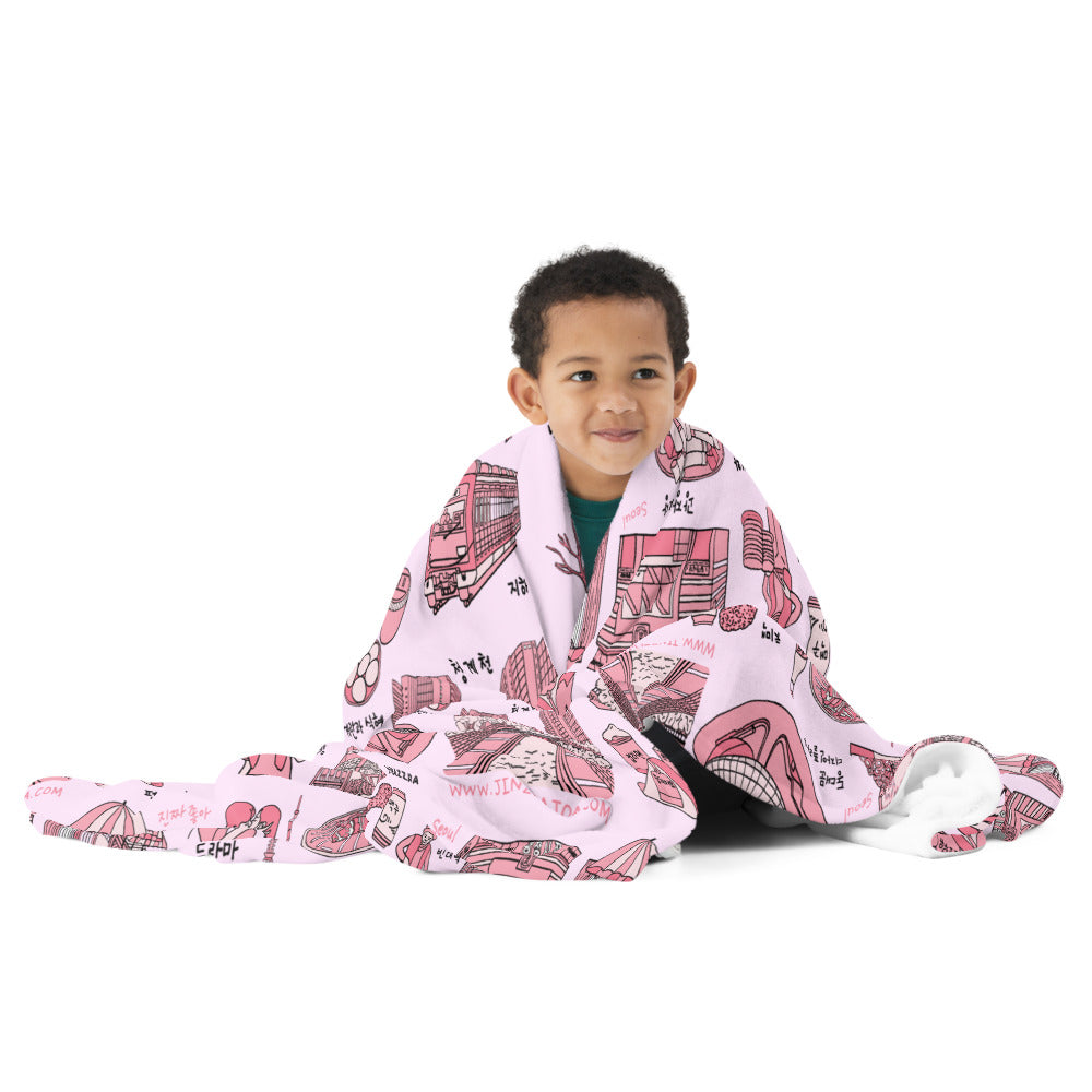 Seoul Korea Throw Blanket (Pink) -  Line Art of Seoul Attractions, K-Culture & K-Pop Fan Gift