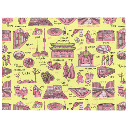 Seoul Korea Throw Blanket (Lemon Cream)  -  Line Art of Seoul Attractions, K-Culture & K-Pop Fan Gift