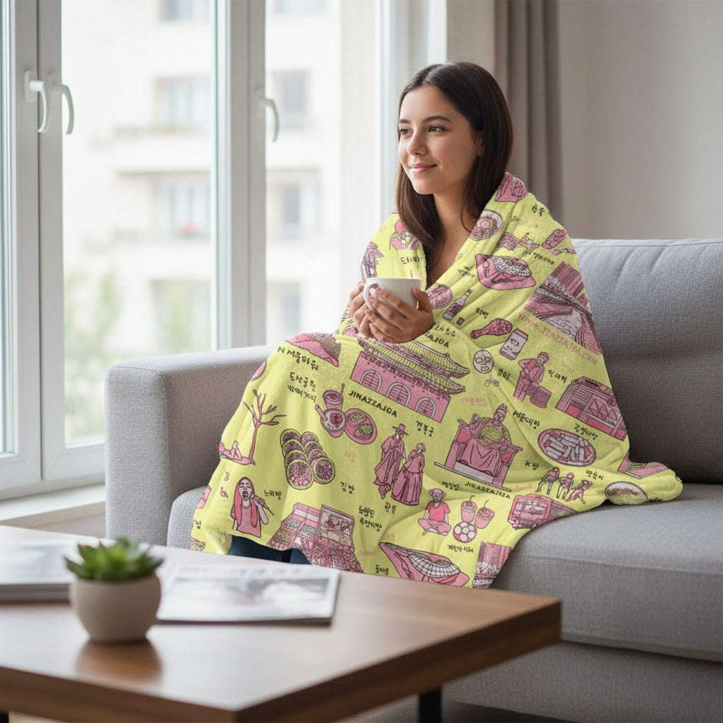 Seoul Korea Throw Blanket (Lemon Cream)  -  Line Art of Seoul Attractions, K-Culture & K-Pop Fan Gift