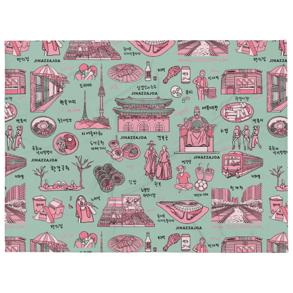 Seoul Korea Throw Blanket (Emerald) -  Line Art of Seoul Attractions, K-Culture & K-Pop Fan Gift