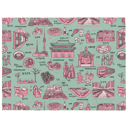 Seoul Korea Throw Blanket (Emerald) -  Line Art of Seoul Attractions, K-Culture & K-Pop Fan Gift