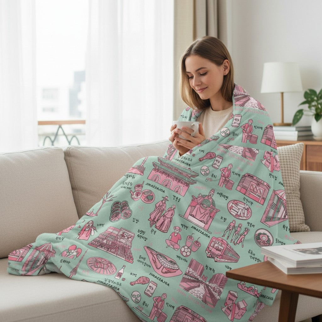 Seoul Korea Throw Blanket (Emerald) -  Line Art of Seoul Attractions, K-Culture & K-Pop Fan Gift