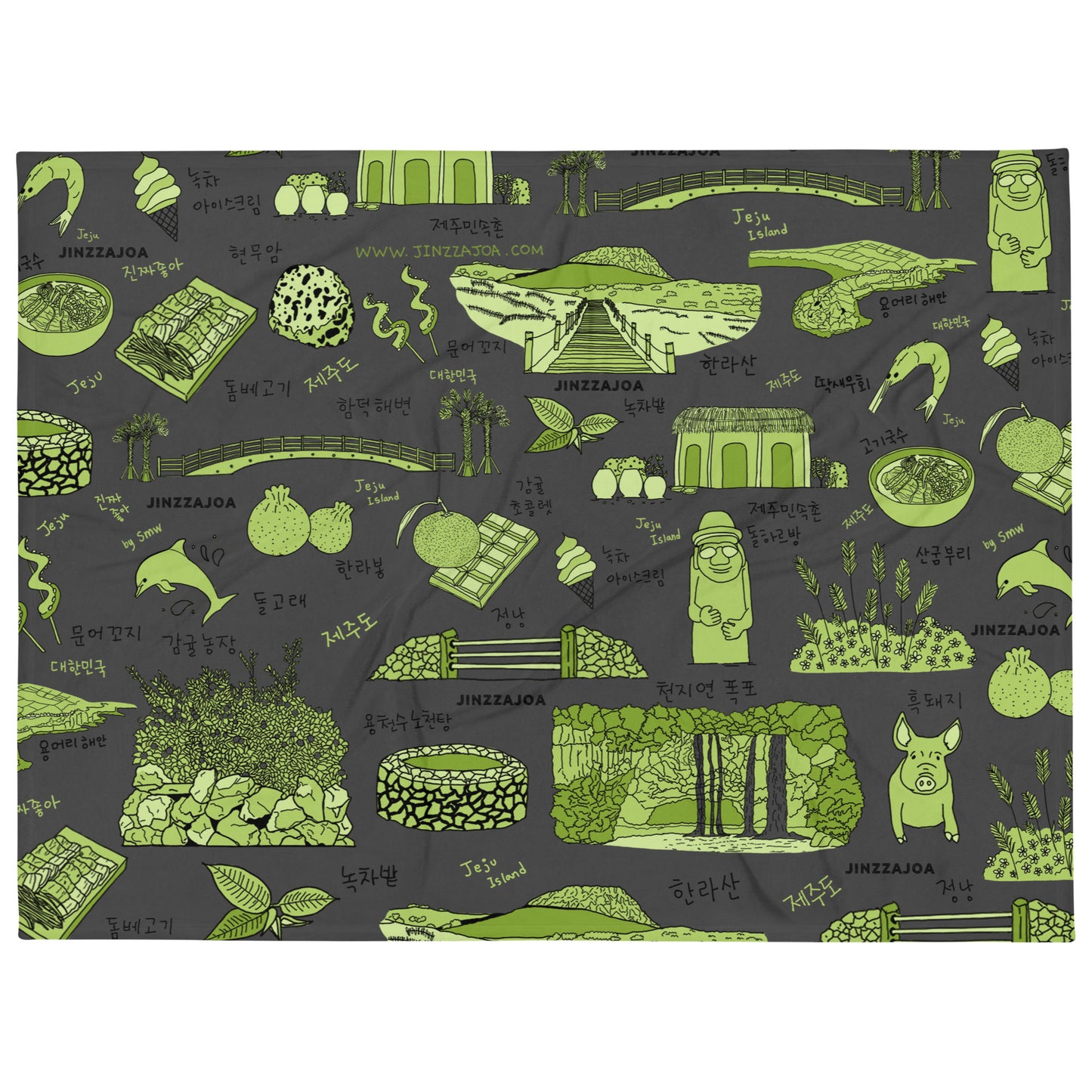 Jeju Island Korea Throw Blanket (Charcoal Gray) - Line Art of Jeju Attractions, K-Drama & K-Pop Fan Gift