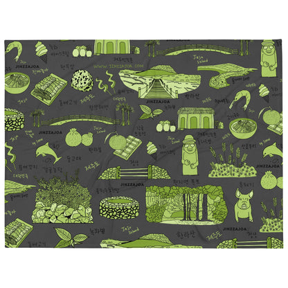 Jeju Island Korea Throw Blanket (Charcoal Gray) - Line Art of Jeju Attractions, K-Drama & K-Pop Fan Gift