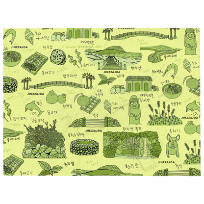 Jeju Island Korea Throw Blanket (Baby Green) - Line Art of Jeju Attractions, K-Drama & K-Pop Fan Gift