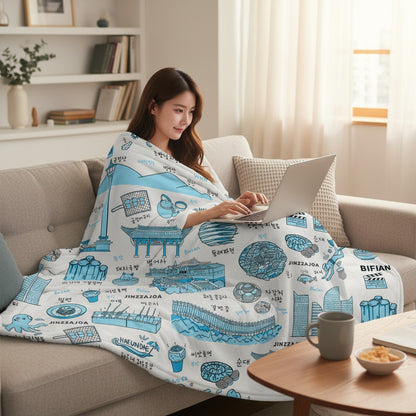 Busan Korea Throw Blanket (Light Gray) - Line Art of Busan Attractions, K-Drama & K-Pop Fan Gift