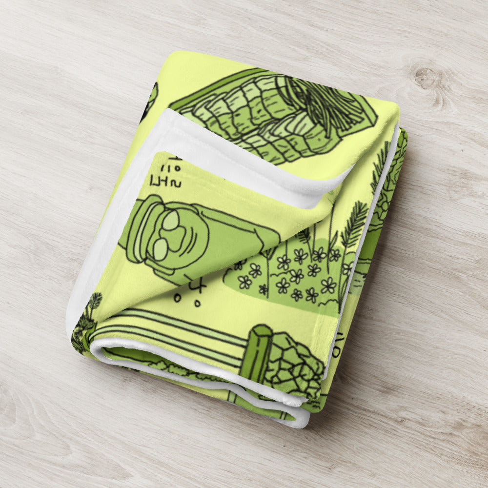 Jeju Island Korea Throw Blanket (Baby Green) - Line Art of Jeju Attractions, K-Drama & K-Pop Fan Gift