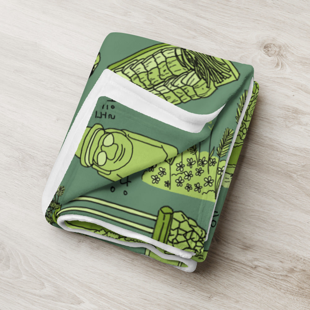 Jeju Island Korea Throw Blanket (Dark Grass) - Line Art of Jeju Attractions, K-Drama & K-Pop Fan Gift