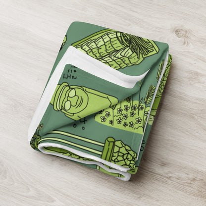 Jeju Island Korea Throw Blanket (Dark Grass) - Line Art of Jeju Attractions, K-Drama & K-Pop Fan Gift