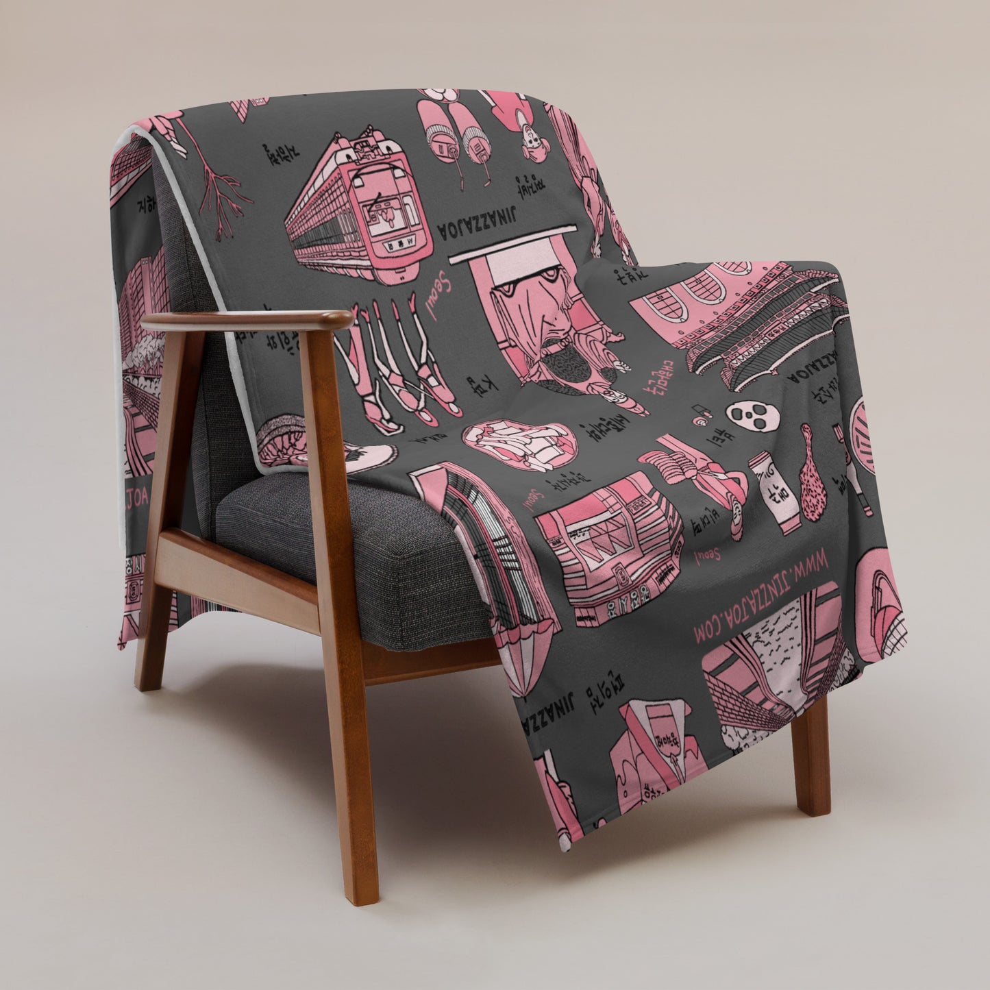 Seoul Korea Throw Blanket (Dark Gray)  -  Line Art of Seoul Attractions, K-Culture & K-Pop Fan Gift