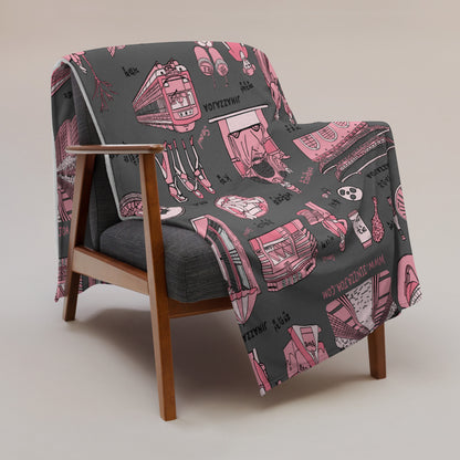 Seoul Korea Throw Blanket (Dark Gray)  -  Line Art of Seoul Attractions, K-Culture & K-Pop Fan Gift
