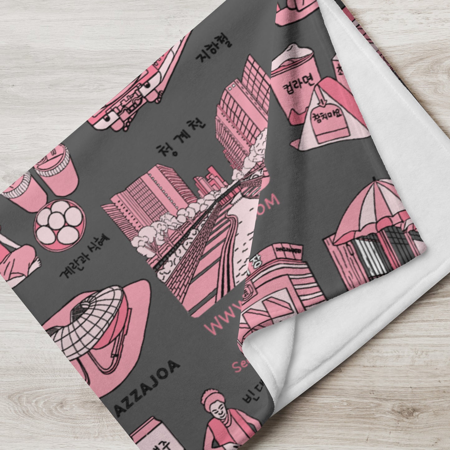 Seoul Korea Throw Blanket (Dark Gray)  -  Line Art of Seoul Attractions, K-Culture & K-Pop Fan Gift