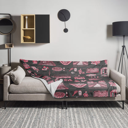 Seoul Korea Throw Blanket (Dark Gray)  -  Line Art of Seoul Attractions, K-Culture & K-Pop Fan Gift