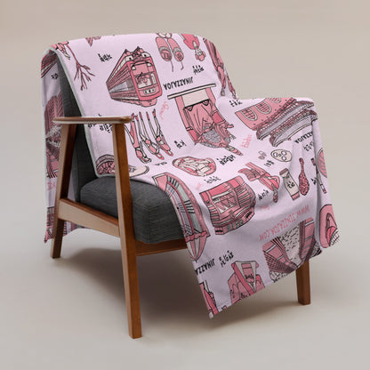 Seoul Korea Throw Blanket (Pink) -  Line Art of Seoul Attractions, K-Culture & K-Pop Fan Gift