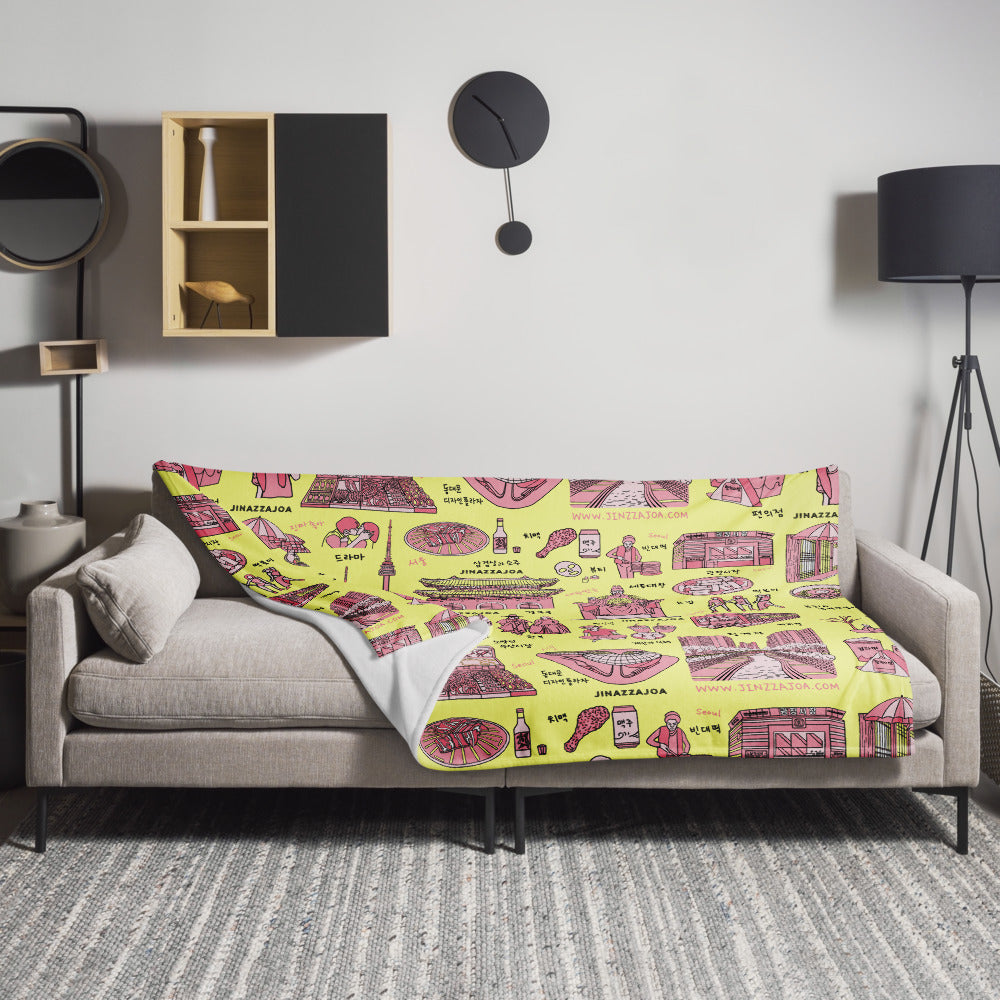 Seoul Korea Throw Blanket (Lemon Cream)  -  Line Art of Seoul Attractions, K-Culture & K-Pop Fan Gift