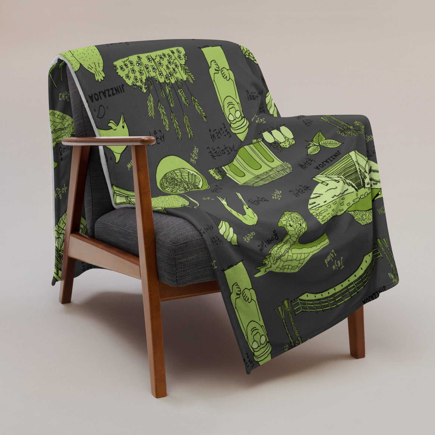 Jeju Island Korea Throw Blanket (Charcoal Gray) - Line Art of Jeju Attractions, K-Drama & K-Pop Fan Gift