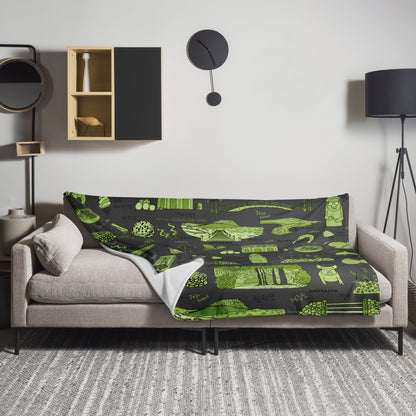 Jeju Island Korea Throw Blanket (Charcoal Gray) - Line Art of Jeju Attractions, K-Drama & K-Pop Fan Gift