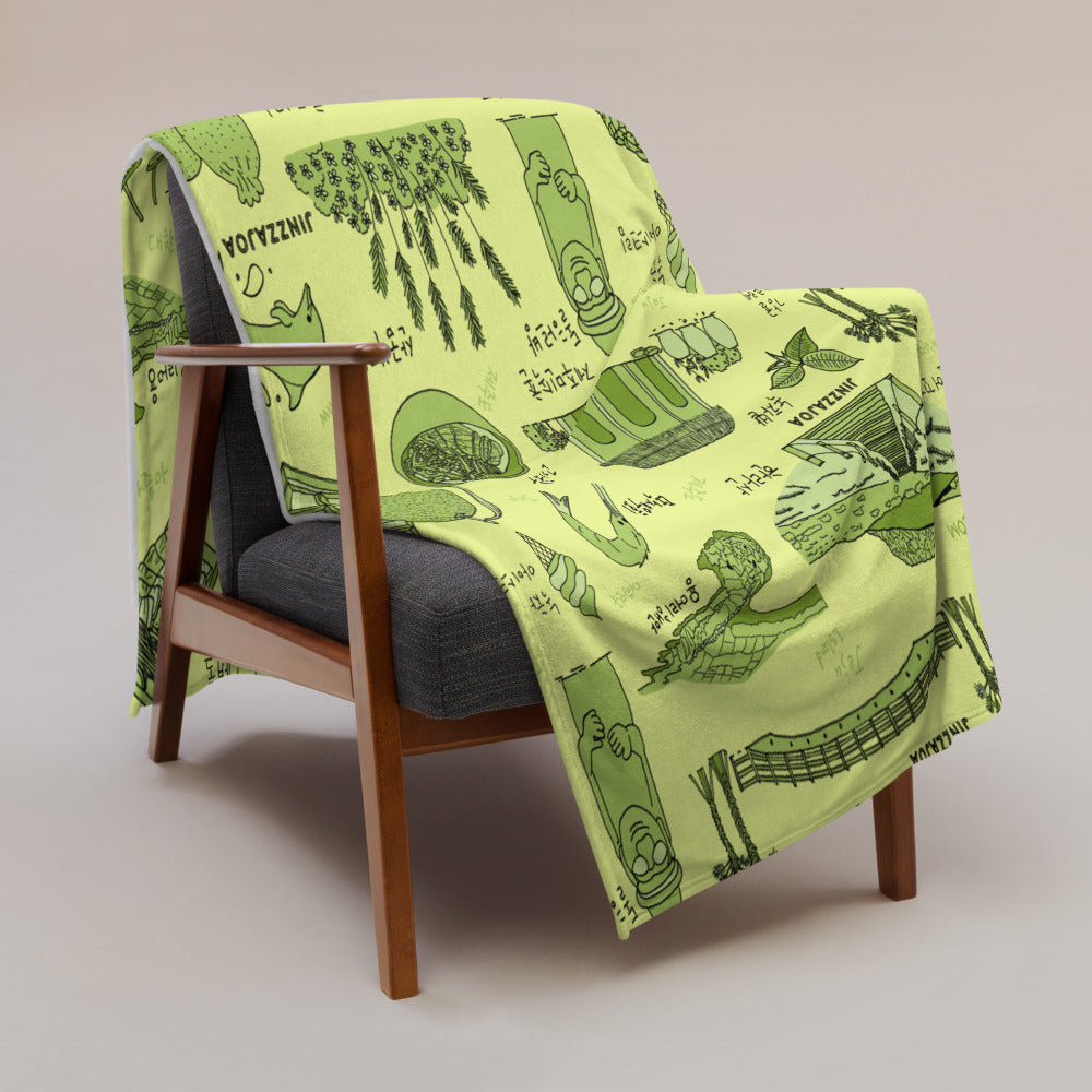 Jeju Island Korea Throw Blanket (Baby Green) - Line Art of Jeju Attractions, K-Drama & K-Pop Fan Gift