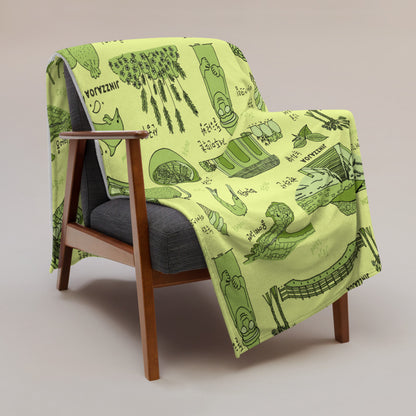 Jeju Island Korea Throw Blanket (Baby Green) - Line Art of Jeju Attractions, K-Drama & K-Pop Fan Gift