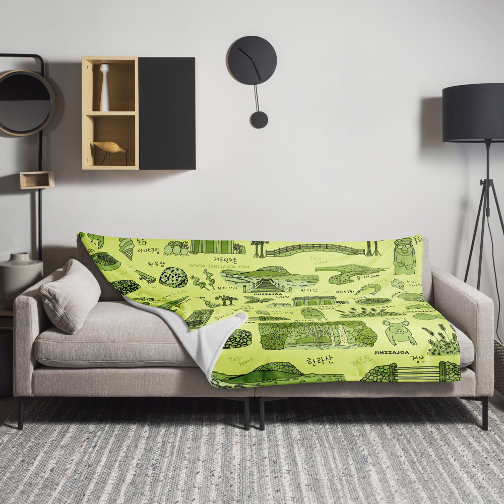 Jeju Island Korea Throw Blanket (Baby Green) - Line Art of Jeju Attractions, K-Drama & K-Pop Fan Gift