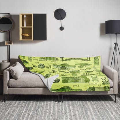 Jeju Island Korea Throw Blanket (Baby Green) - Line Art of Jeju Attractions, K-Drama & K-Pop Fan Gift