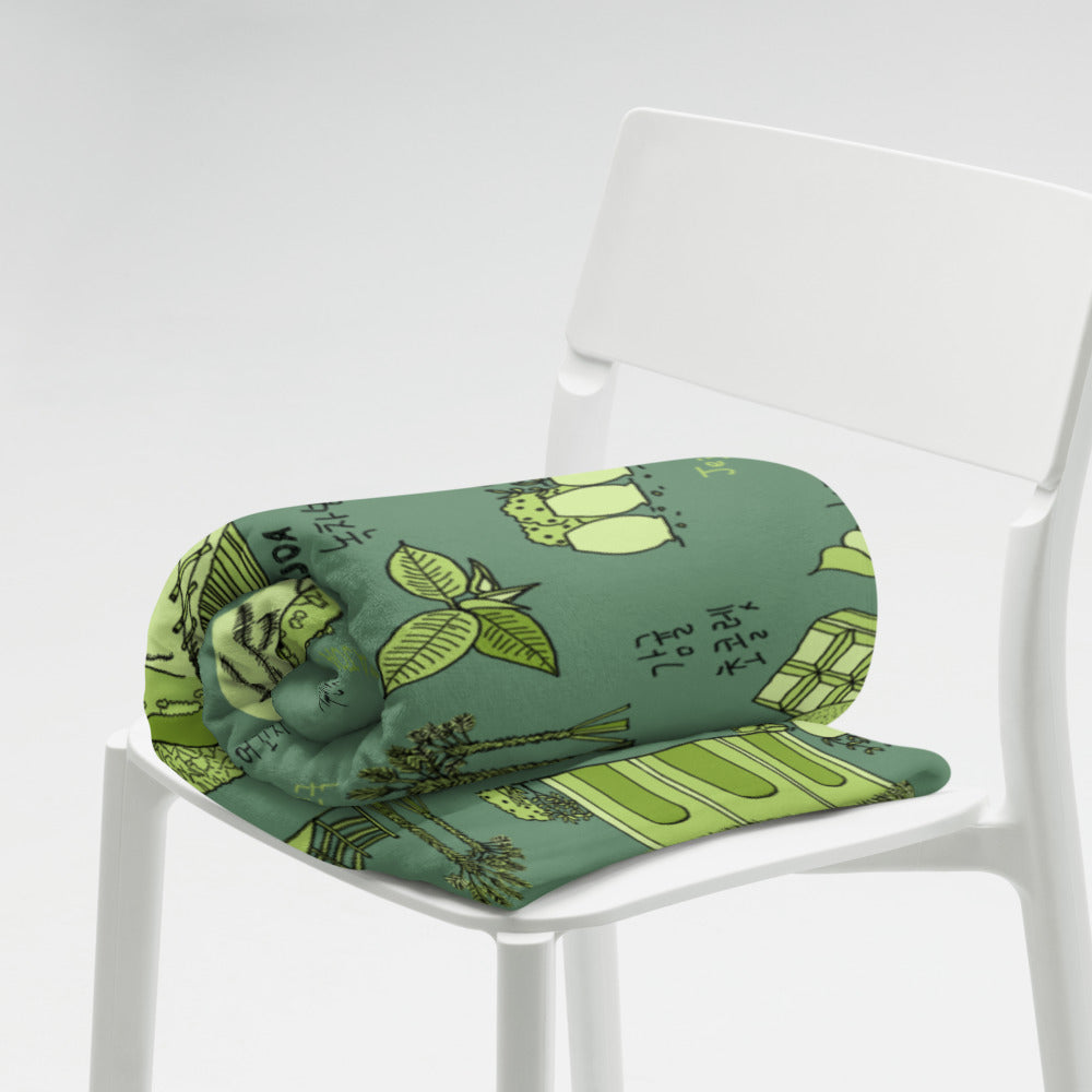 Jeju Island Korea Throw Blanket (Dark Grass) - Line Art of Jeju Attractions, K-Drama & K-Pop Fan Gift