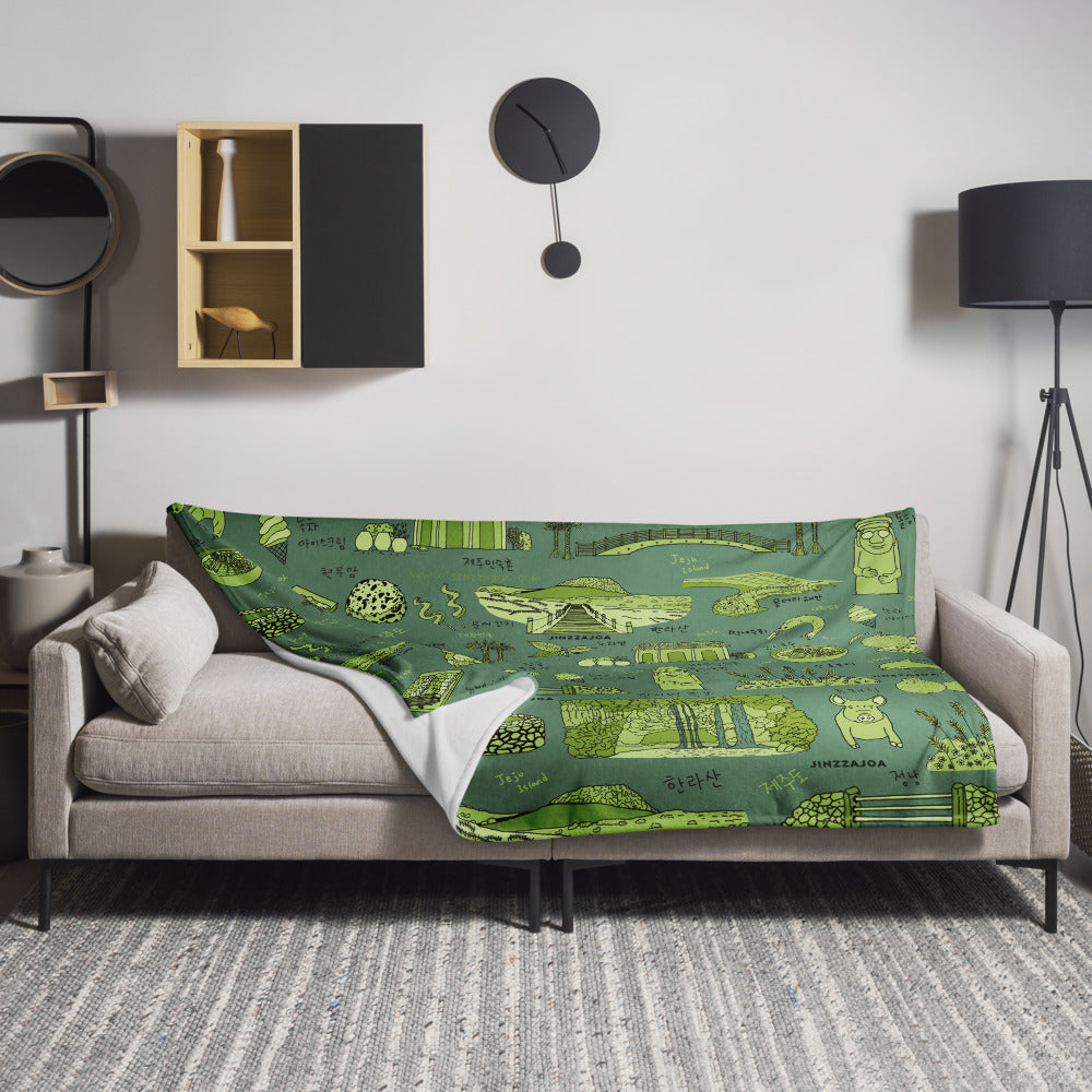 Jeju Island Korea Throw Blanket (Dark Grass) - Line Art of Jeju Attractions, K-Drama & K-Pop Fan Gift