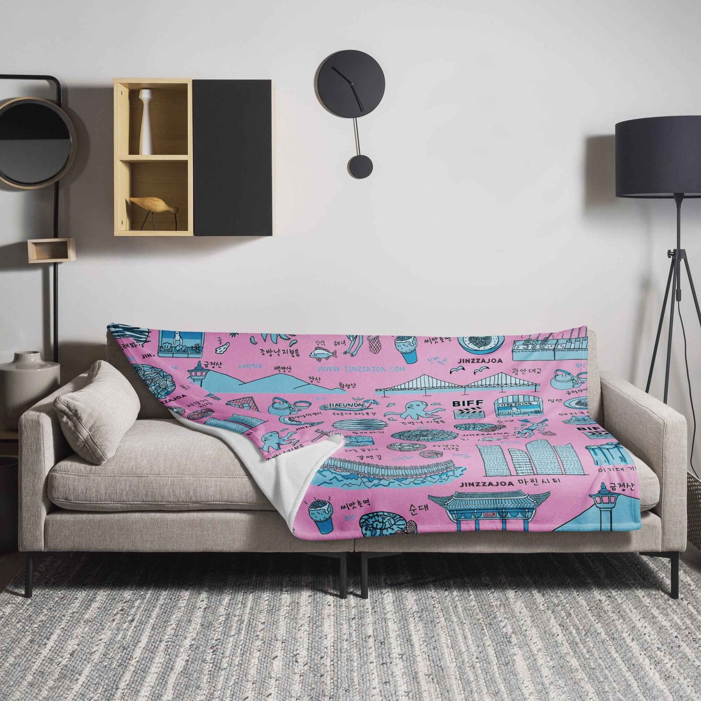 Busan Korea Throw Blanket - Line Art of Busan Attractions, K-Drama & K-Pop Fan Gift