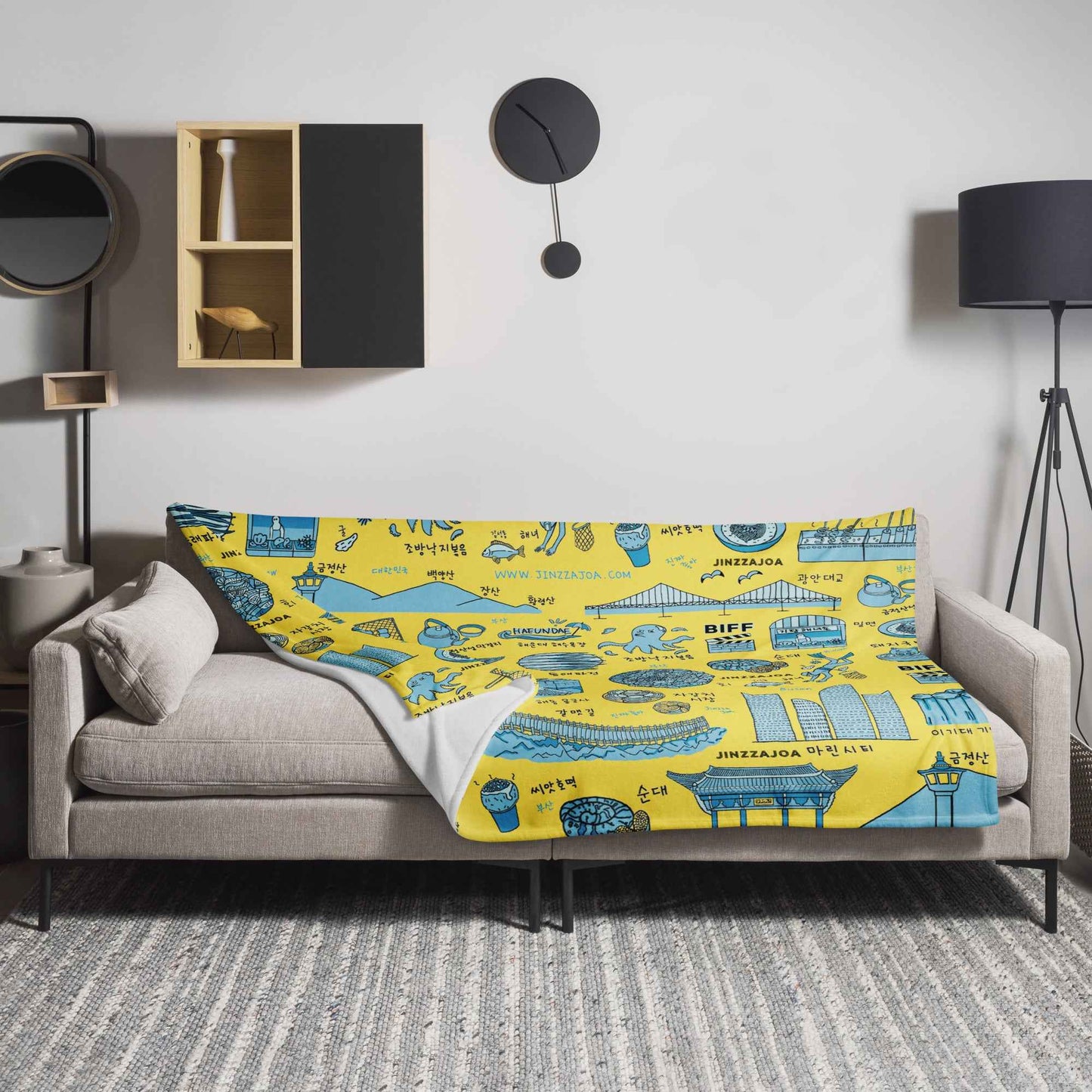 Busan Korea Throw Blanket - Line Art of Busan Attractions, K-Drama & K-Pop Fan Gift